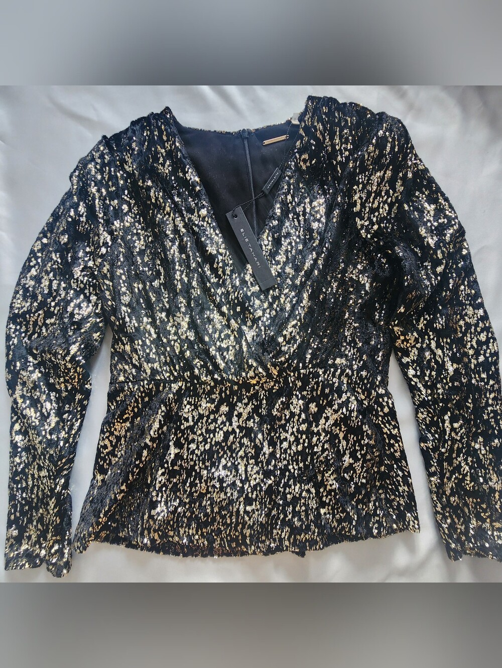 ELIE TAHARI Black & Gold Sequin V-Neck Peplum Blouse / Top NWT